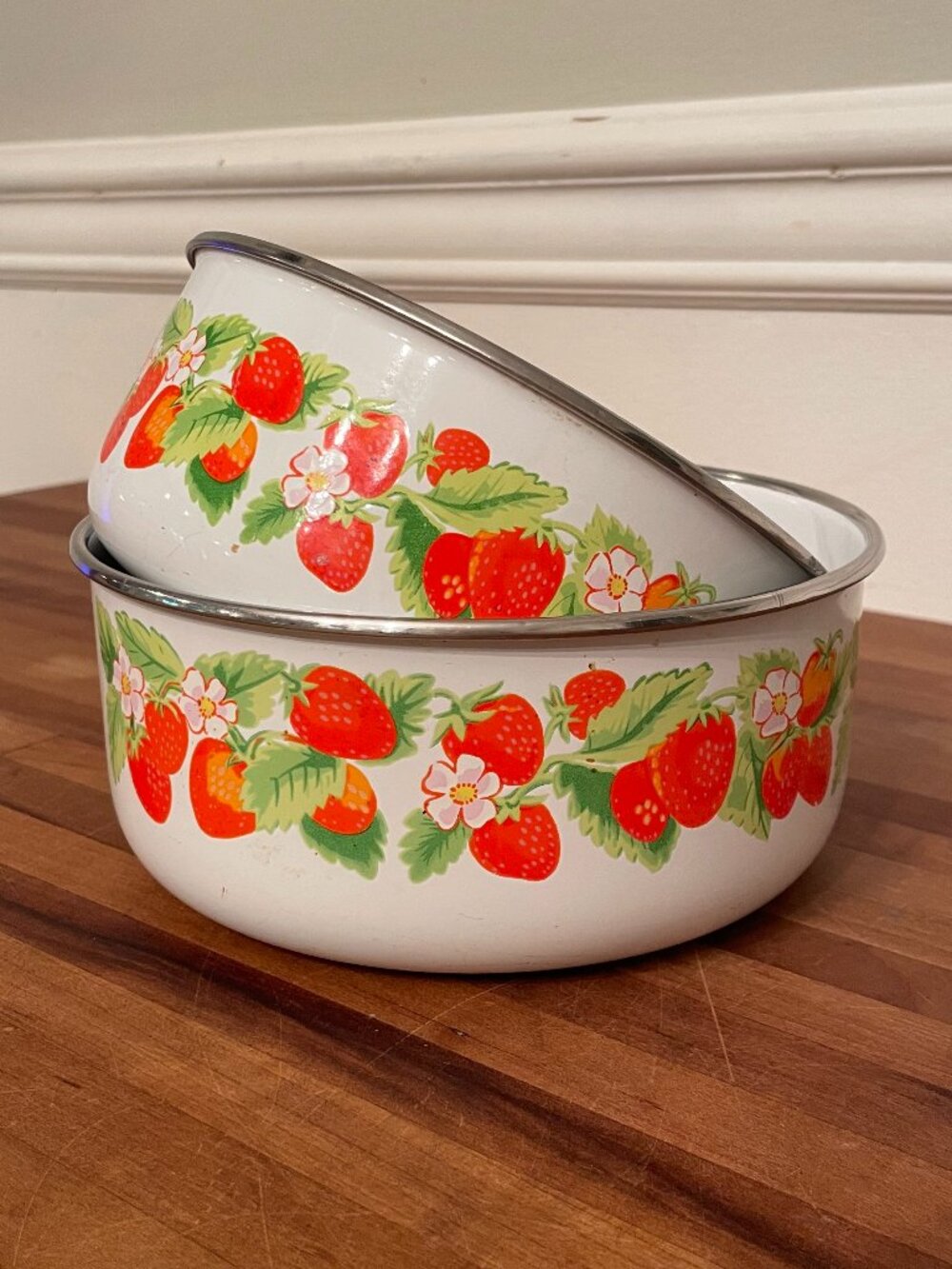Vintage Strawberry Enamel Nesting Bowl Set of 2